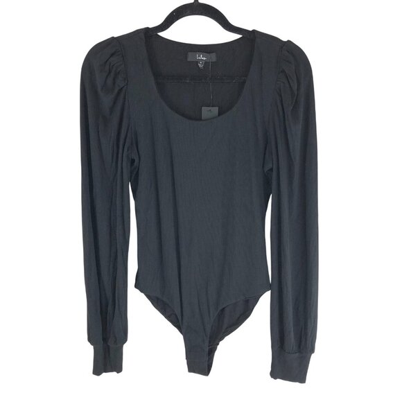 Lulus Bodysuit Long Puff Sleeve Ribbed Knit Scoop Neck Black Stretch M - Picture 1 of 5